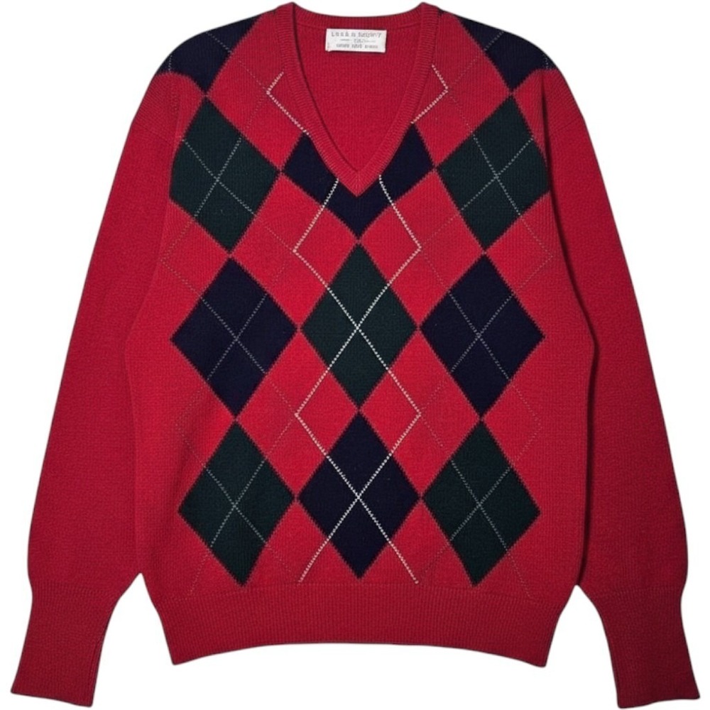 VYG Lyle Scott Argyle V-Neck Sweater Mens XL Red Pure New Wool Made in Scotland